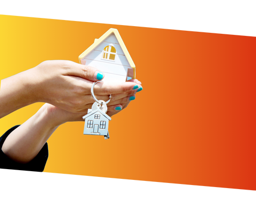 Hands holding miniature house and house keychain with a yellow to blue gradient background.