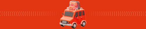Red-orange banner with 3d icon of a car with luggage on top.