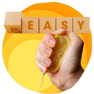 Text blocks that say, "Easy-peasy" and hand squeezing a lemon